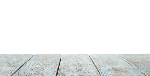 Empty wooden table surface on white background. Mockup for design