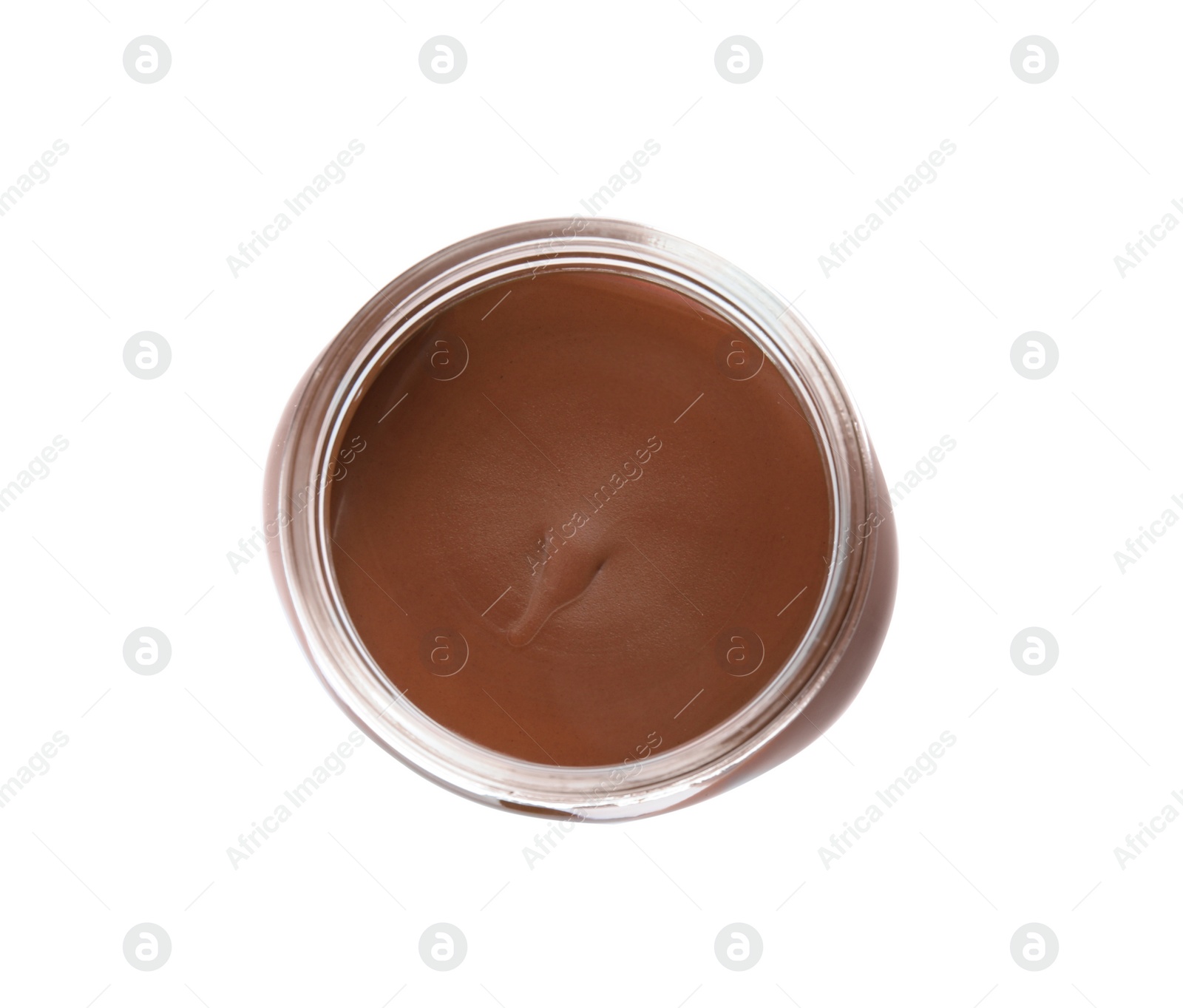 Photo of Glass jar with tasty chocolate cream isolated on white, top view