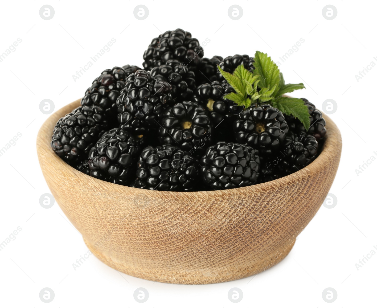 Photo of Bowl with fresh ripe blackberries isolated on white