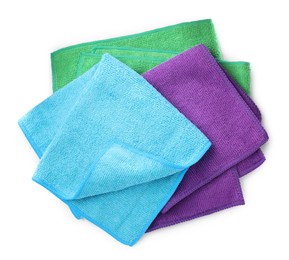 Photo of Colorful microfiber cloths on white background, top view