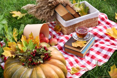 Photo of Books, cup of tea and pumpkin on plaid outdoors. Autumn atmosphere