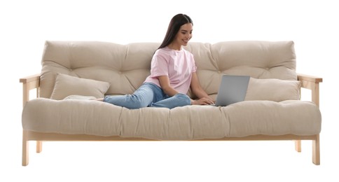 Photo of Young woman with laptop on comfortable sofa against white background