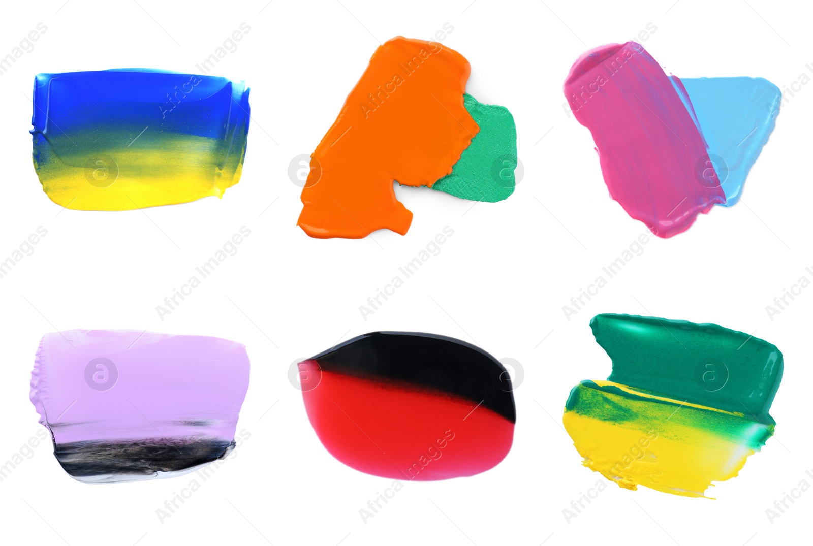 Image of Set with paint samples of different colors isolated on white, top view