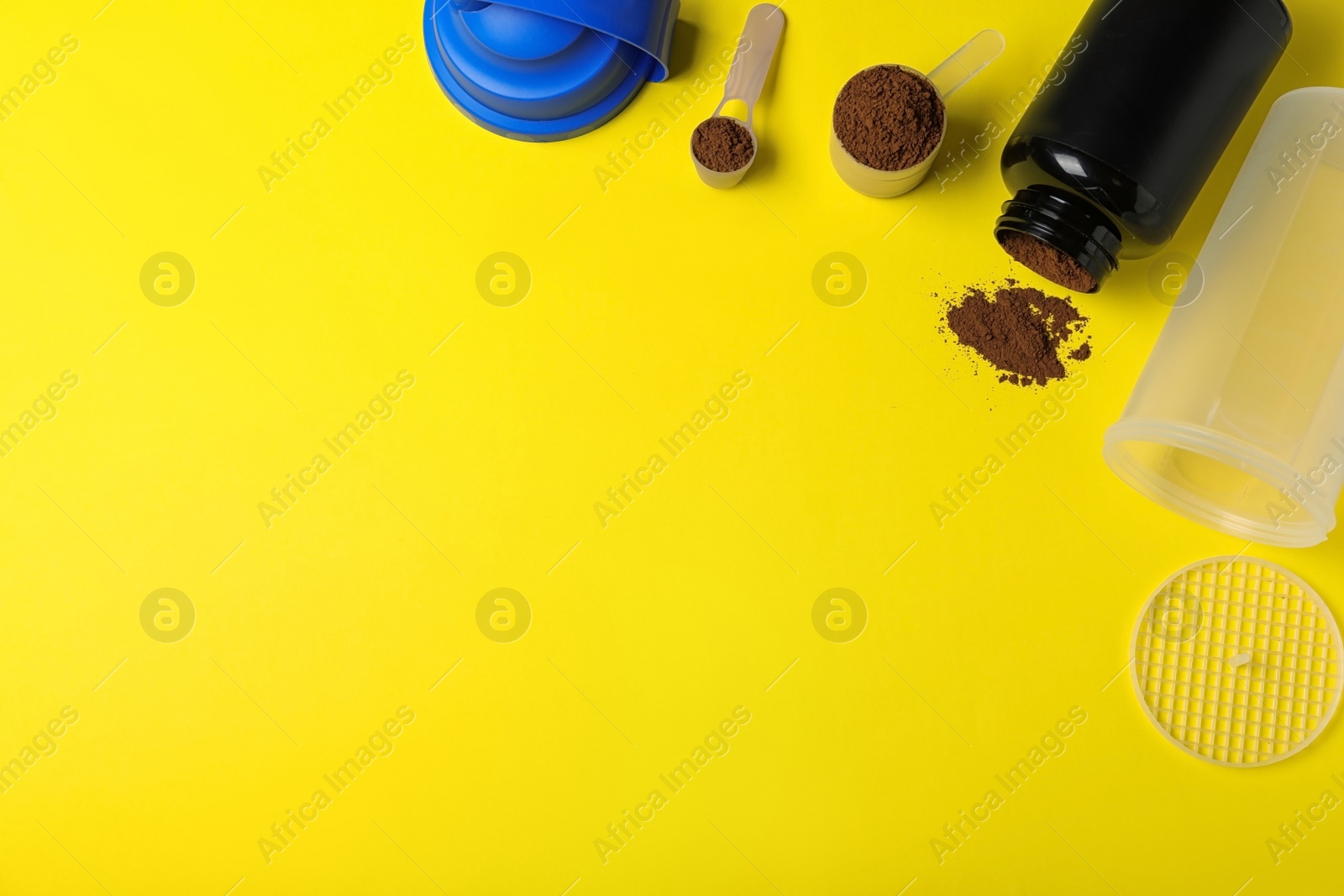 Photo of Flat lay composition with protein powder on color background. Space for text