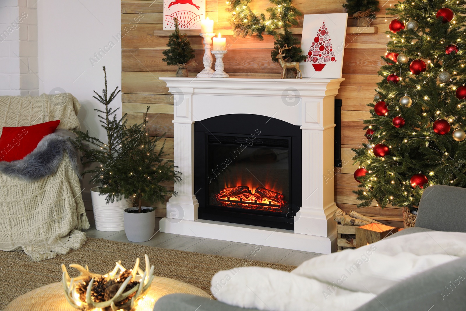 Photo of Fireplace in beautiful living room decorated for Christmas