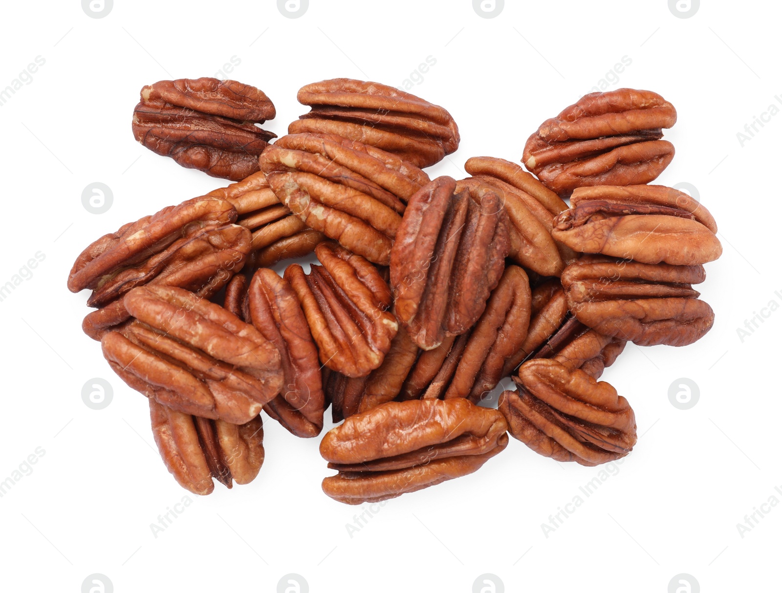 Photo of Tasty pecan nuts isolated on white, top view