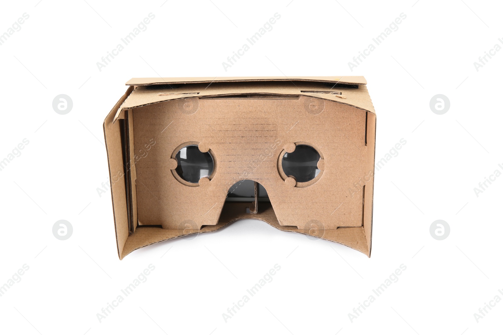 Photo of Cardboard virtual reality headset on white background