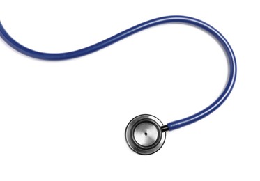 Modern stethoscope on white background, top view