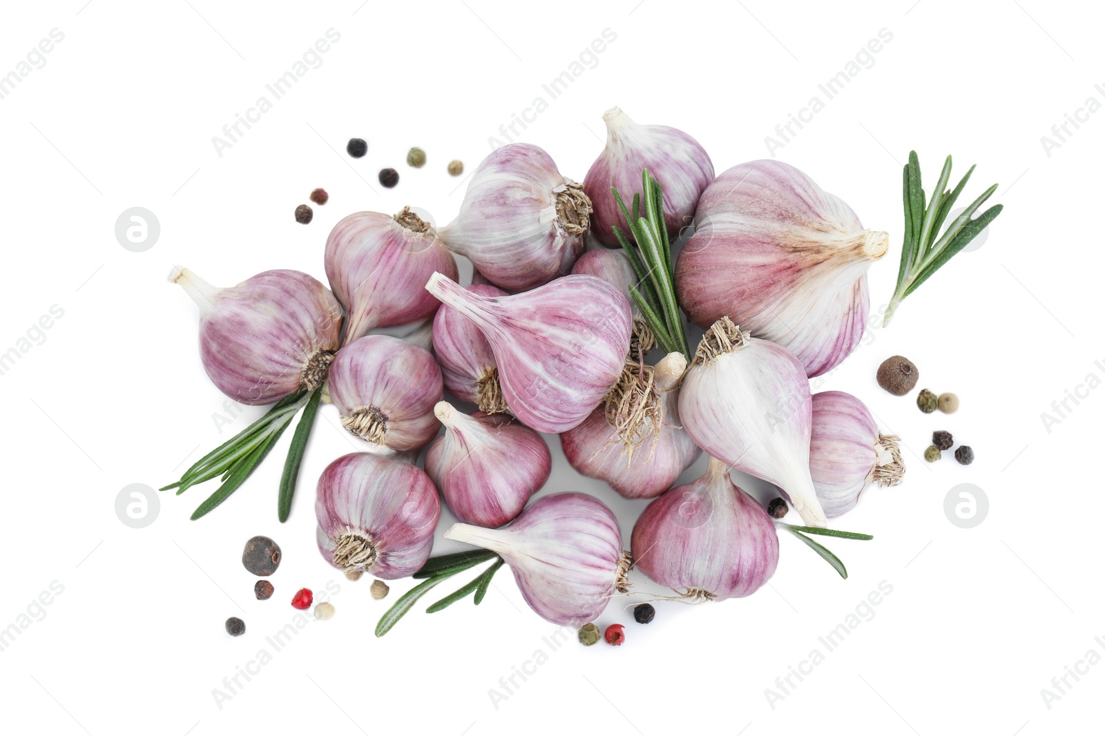 Photo of Fresh garlic bulbs, peppercorns and rosemary isolated on white, top view