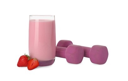 Photo of Tasty strawberry shake, fresh berries and dumbbells isolated on white. Weight loss