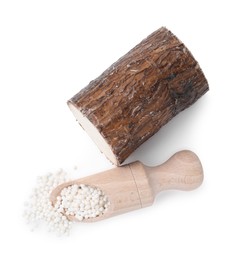 Photo of Scoop with tapioca pearls and cassava root isolated on white, top view