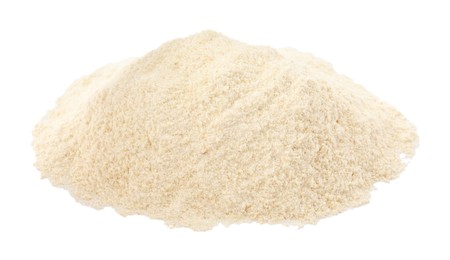 Heap of quinoa flour on white background