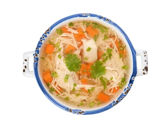 Photo of Dish with fresh homemade chicken soup on white background, top view