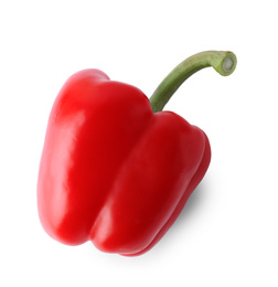 Photo of Ripe red bell pepper isolated on white, top view