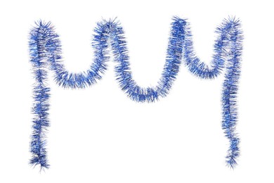 Shiny blue tinsel isolated on white. Christmas decoration