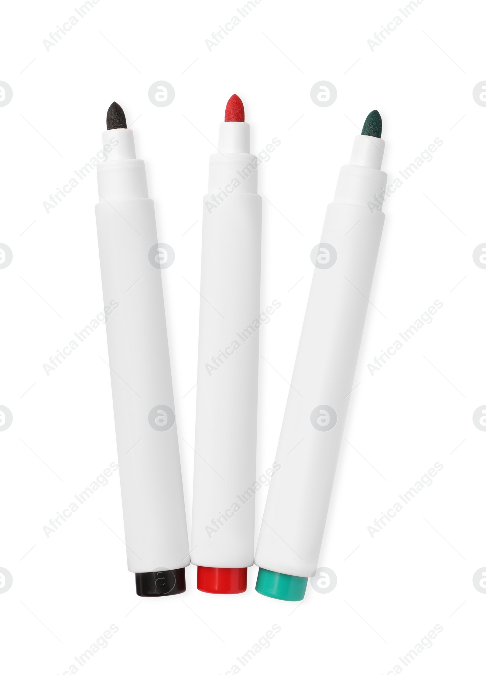 Photo of Bright color markers isolated on white, top view. School stationery
