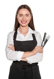 Photo of Portrait of happy hairdresser with combs on white background