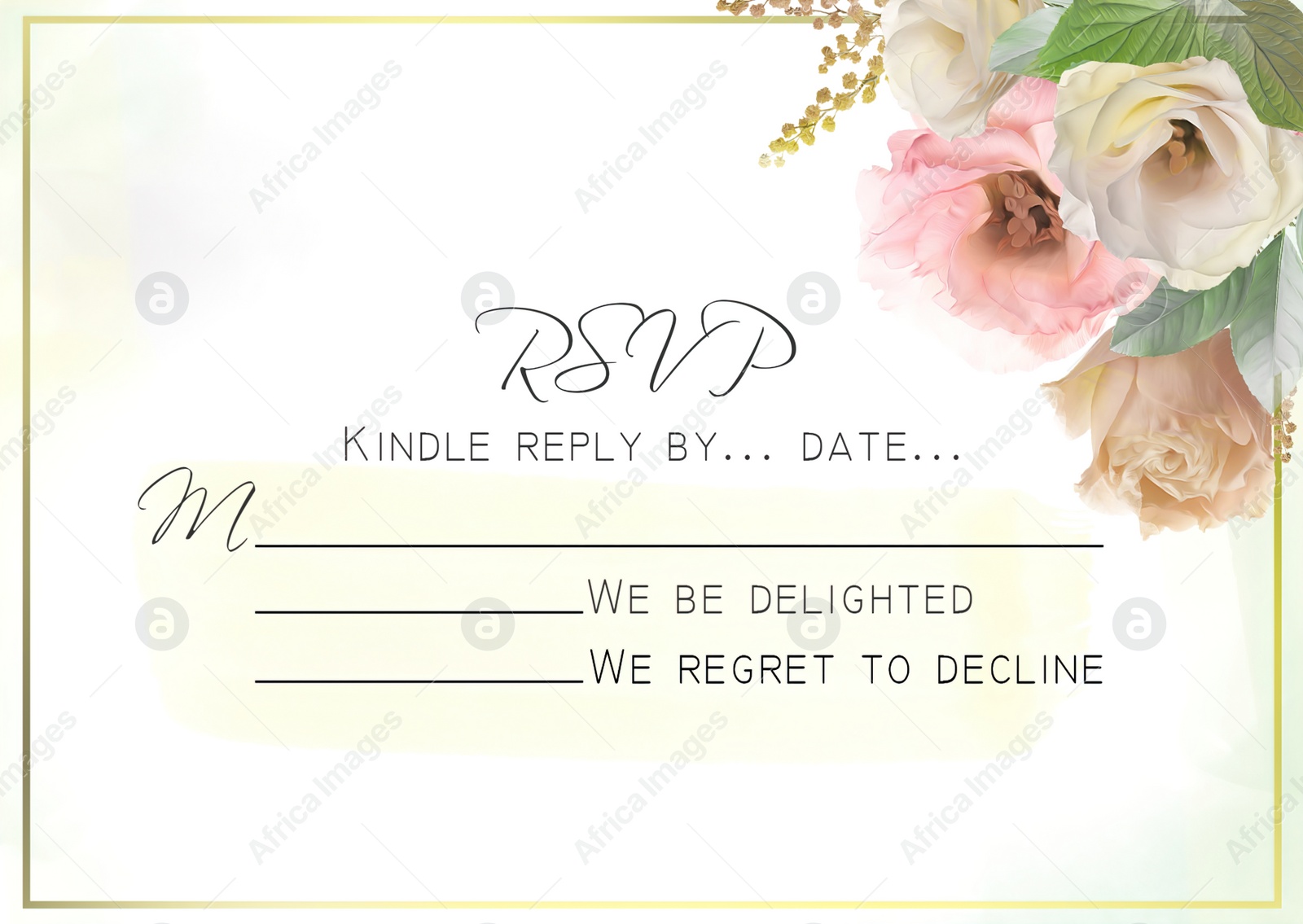 Illustration of Elegant wedding RSVP card with floral design. Mockup