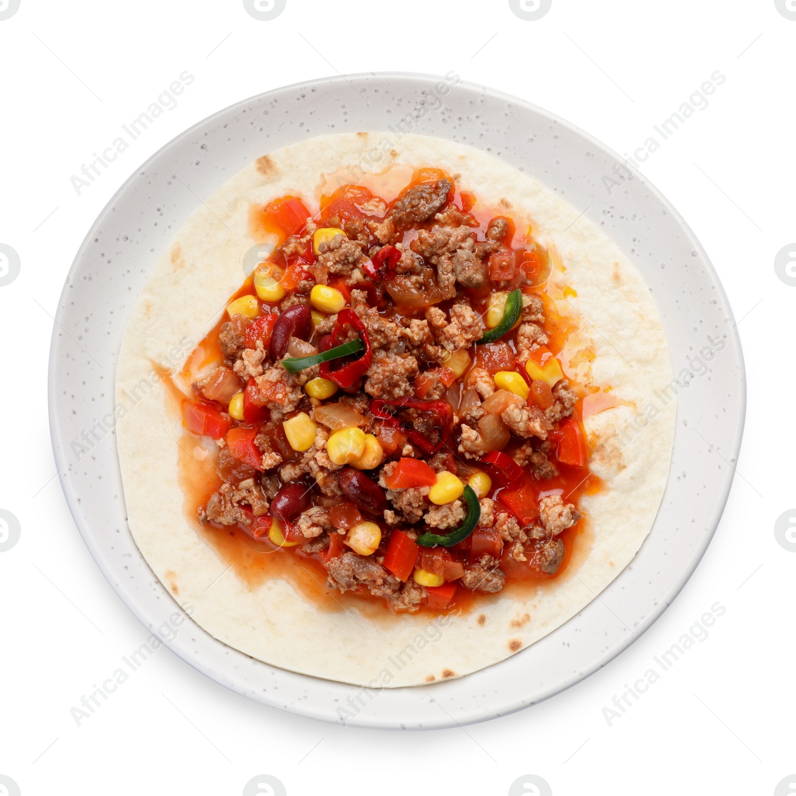 Photo of Tasty chili con carne with tortilla on white background, top view