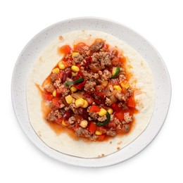 Photo of Tasty chili con carne with tortilla on white background, top view