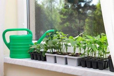 Seedlings growing in plastic containers with soil and watering can on windowsill indoors
