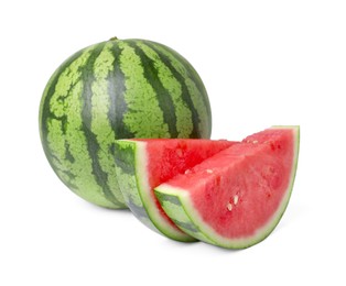 Photo of Delicious cut and whole ripe watermelons on white background