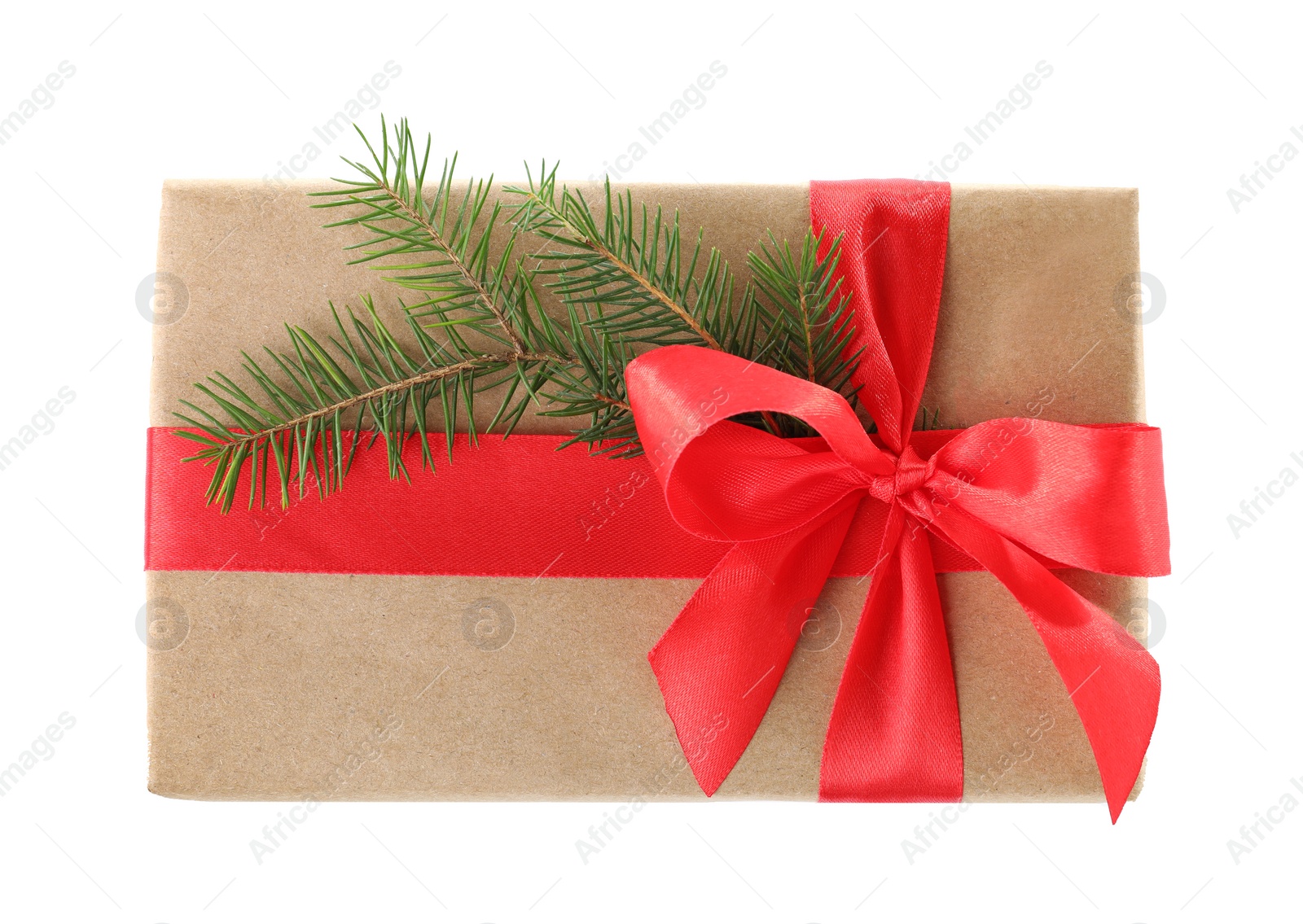 Photo of Christmas gift box with decoration on white background, top view