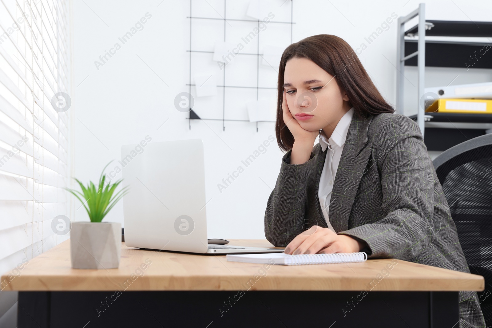 Photo of Puzzled young intern using laptop at table in modern office. First work day