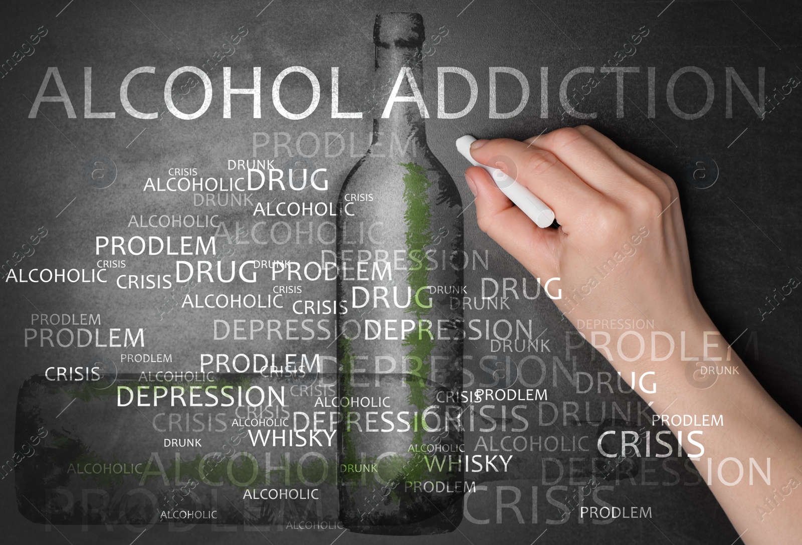 Image of Alcohol addiction? - We can help you. Closeup view of woman writing with chalk on blackboard