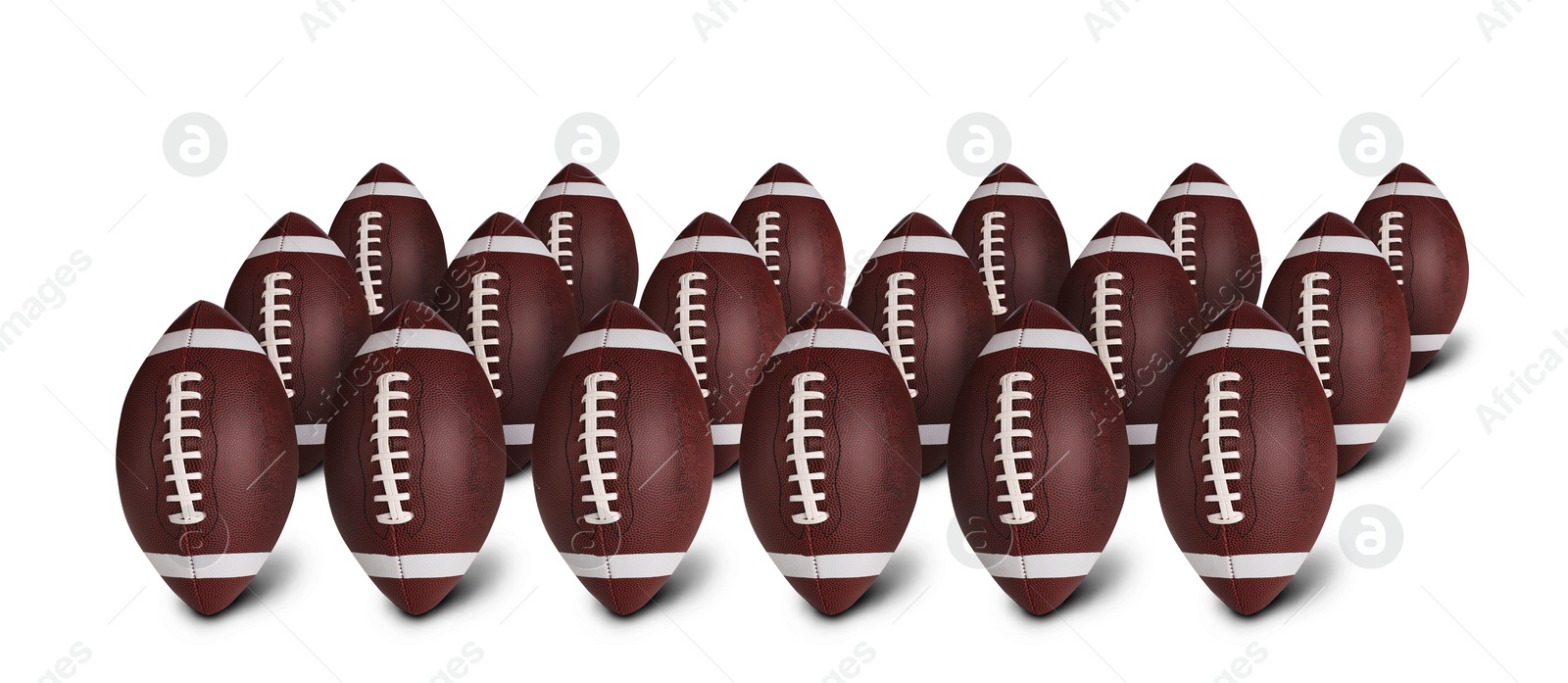 Image of Set with leather American football balls on white background. Banner design