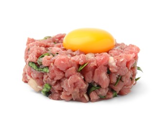 Photo of Tasty beef steak tartare served with yolk isolated on white