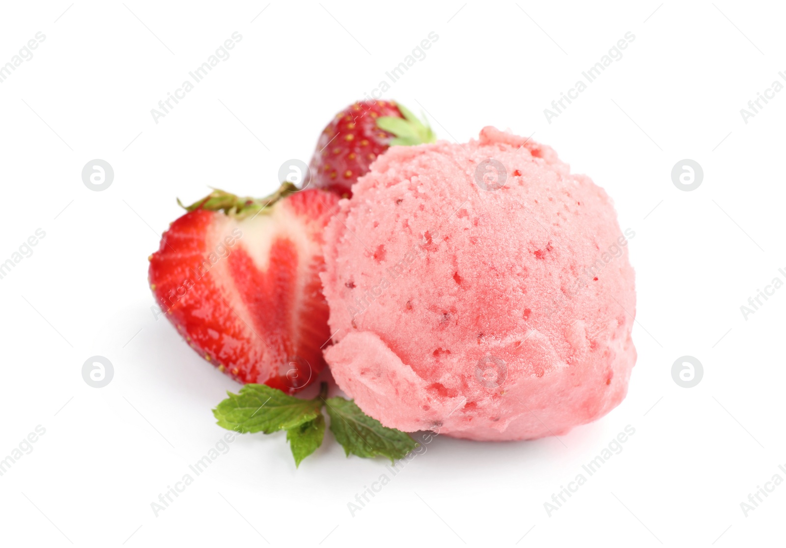 Photo of Scoop of delicious strawberry ice cream with mint and fresh berries on white background