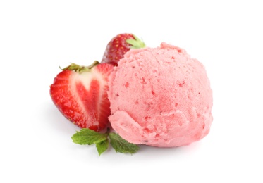 Photo of Scoop of delicious strawberry ice cream with mint and fresh berries on white background