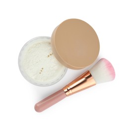 Rice loose face powder and makeup brush isolated on white, top view