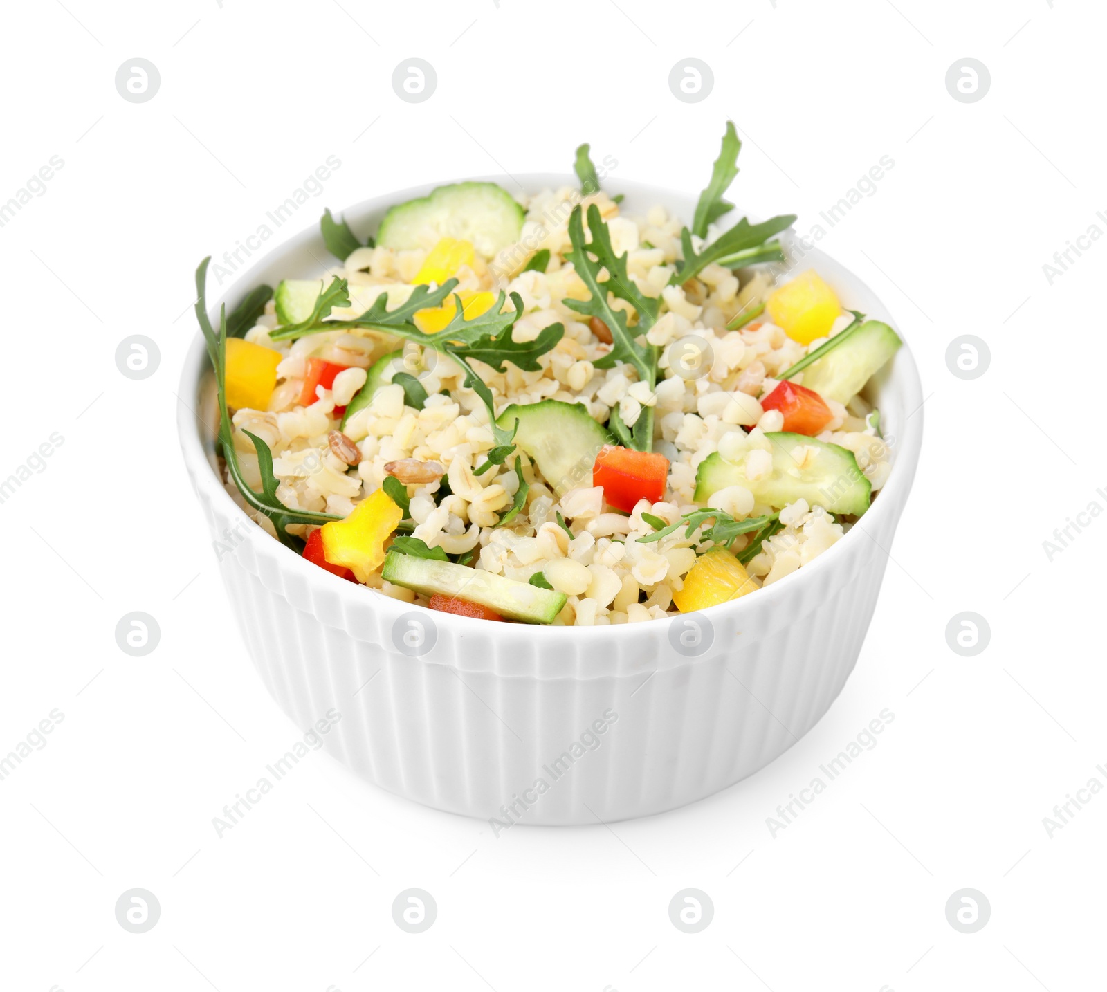 Photo of Cooked bulgur with vegetables and arugula in bowl isolated on white