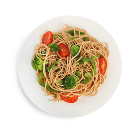 Photo of Tasty buckwheat noodles with fresh vegetables on white background, top view