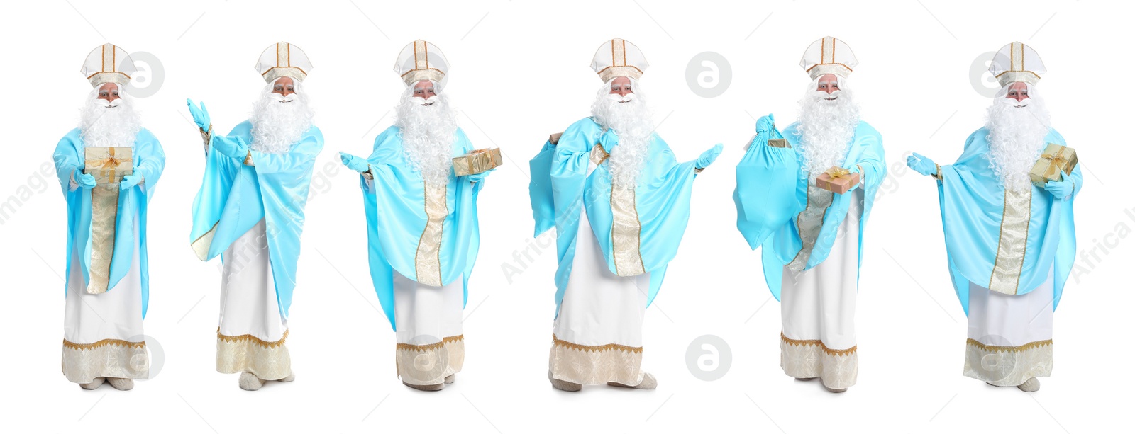 Image of Collage with photos of Saint Nicholas on white background. Banner design