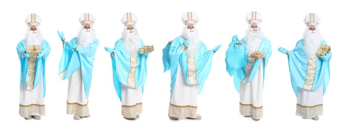 Image of Collage with photos of Saint Nicholas on white background. Banner design