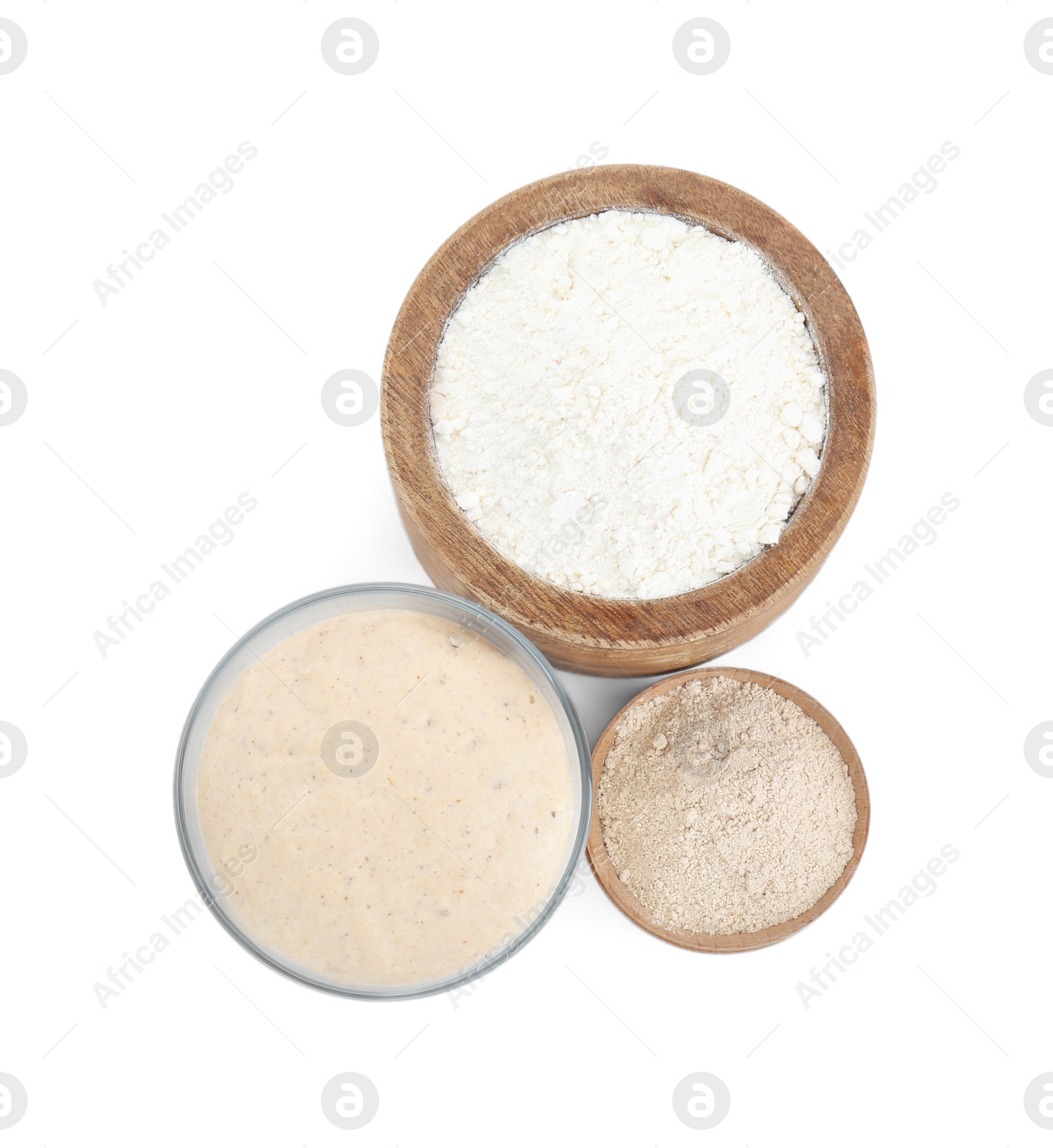 Photo of Leaven and flour isolated on white, top view