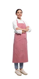 Young woman in red striped apron on white background