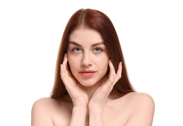 Portrait of beautiful woman with freckles on white background