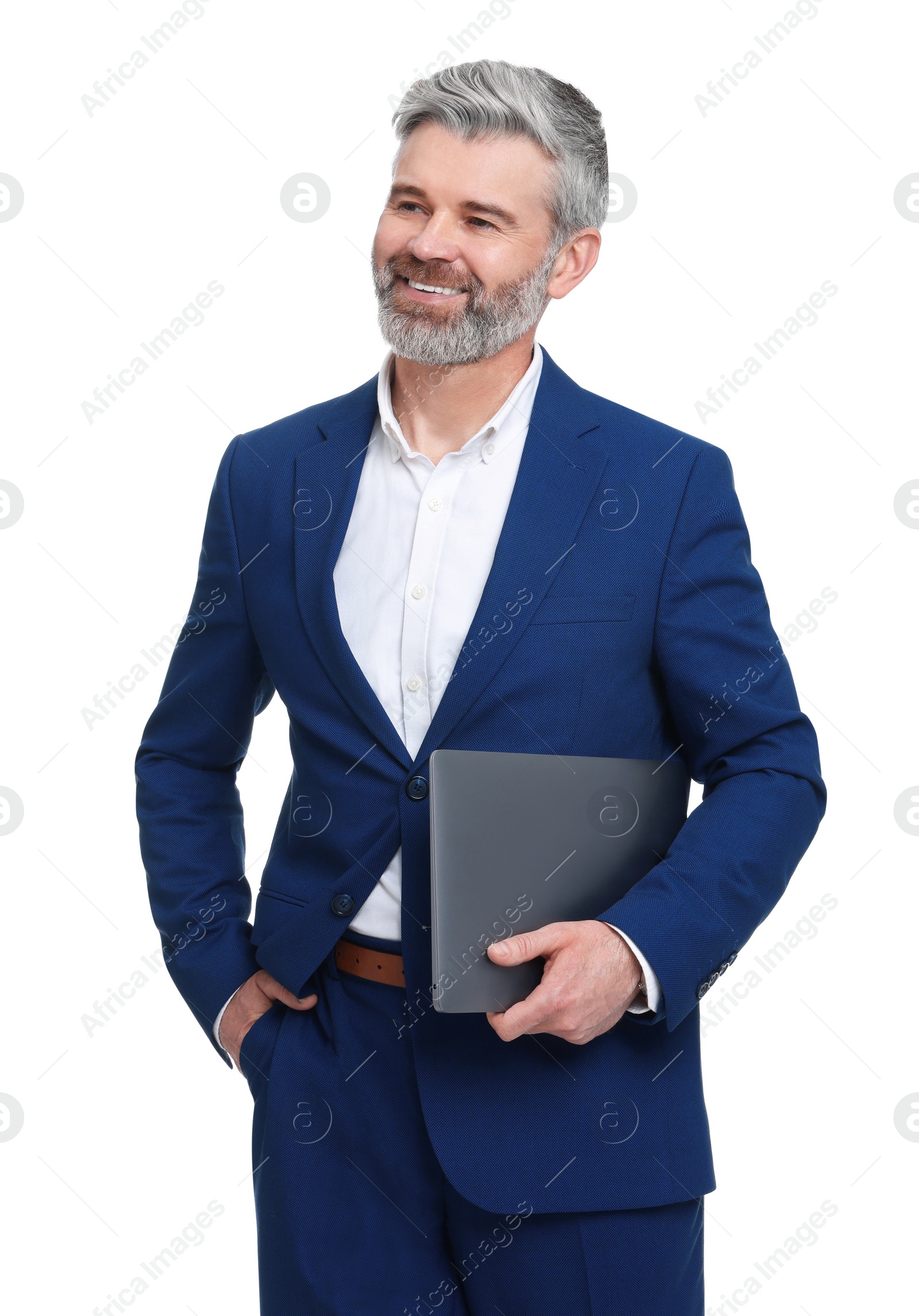 Photo of Mature businessman in stylish clothes with laptop on white background