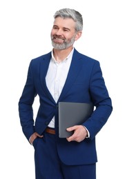 Mature businessman in stylish clothes with laptop on white background