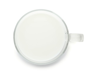 Photo of Glass cup with fresh milk on white background, top view