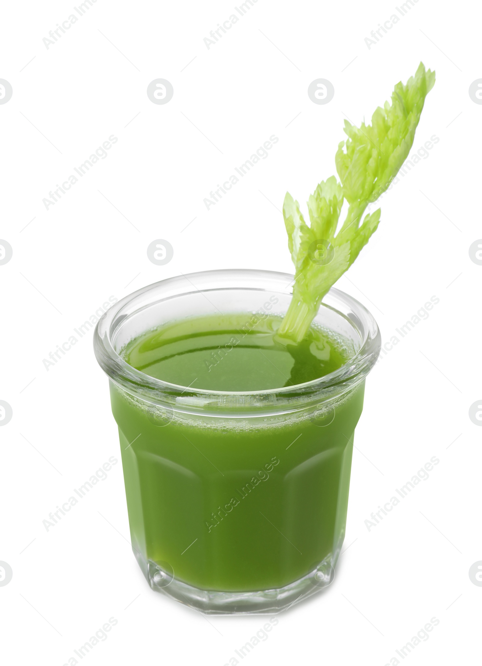 Photo of Glass of fresh celery juice on white background