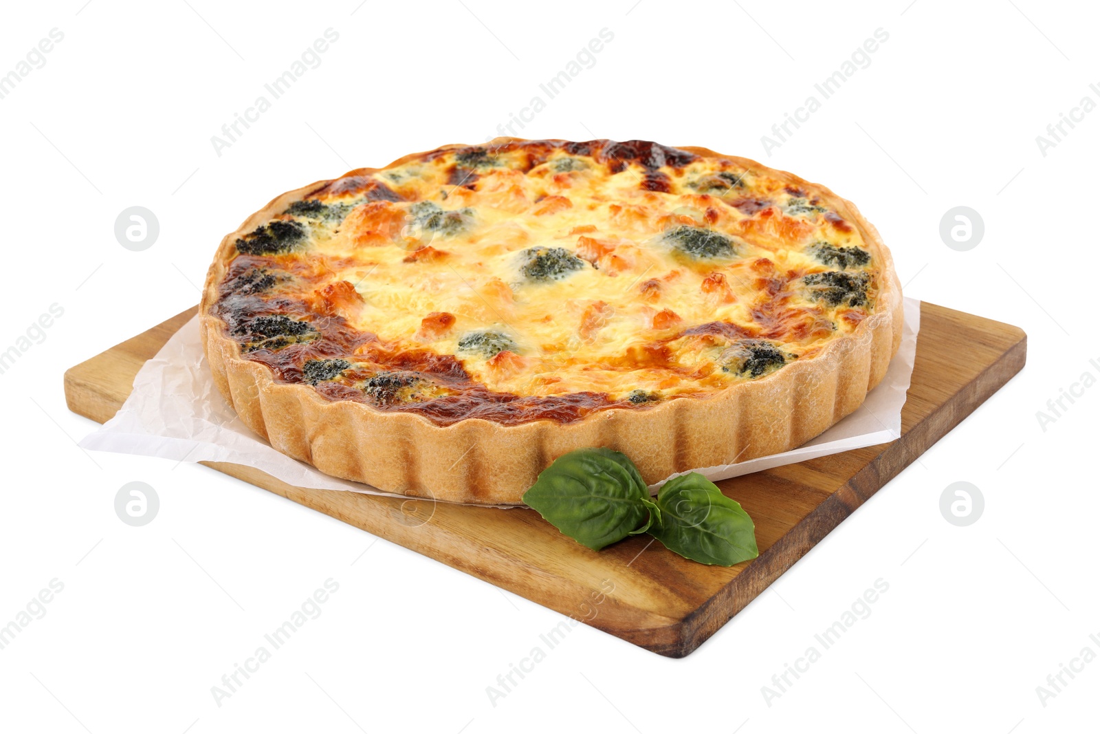 Photo of Delicious homemade quiche with salmon and broccoli isolated on white