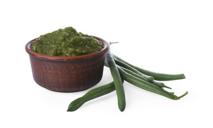 Photo of Delicious vegetable puree with green beans on white background. Healthy food