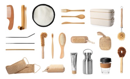 Image of Set with different eco friendly stuff on white background. Conscious consumption