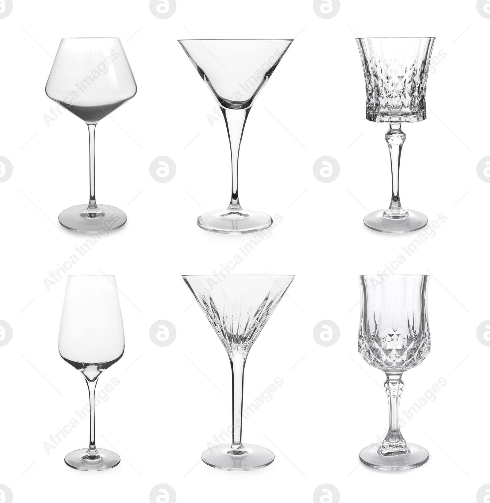 Image of Collage with different empty glasses on white background