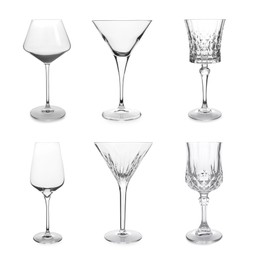 Image of Collage with different empty glasses on white background